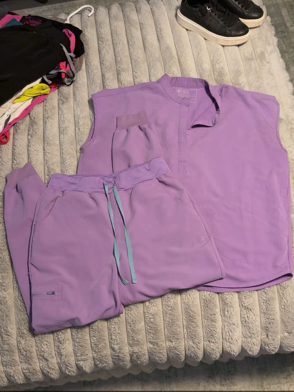 Figs Kids Lavender Pajama Set with Teal Drawstrings